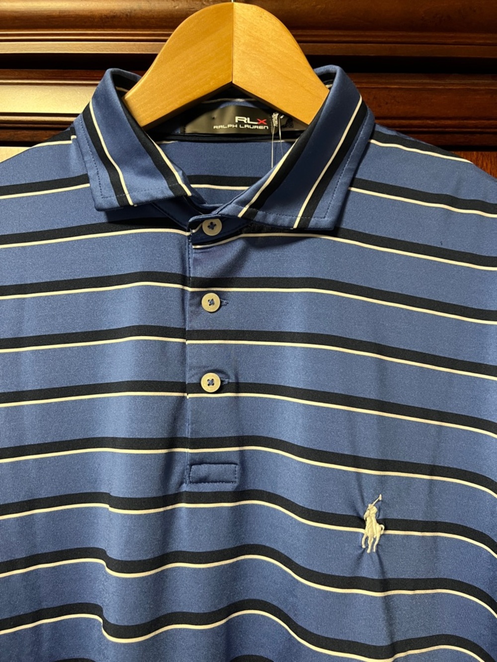 Brand New RLX Ralph Lauren Stretch Golf Polo Medium Blue, Navy & White stripes!